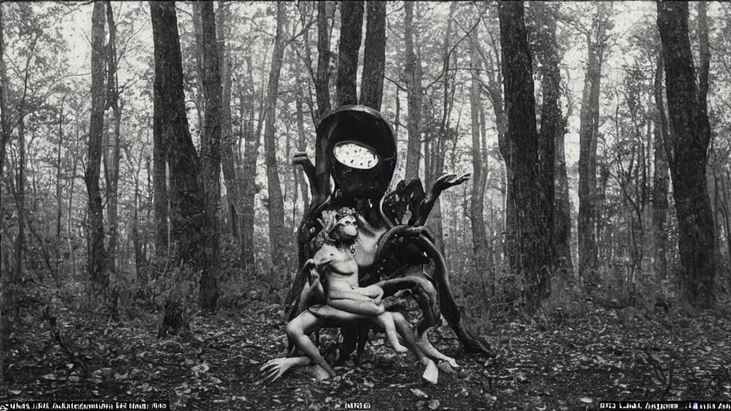 Prompt: An epic photo of an ancient terrifying Il Gabibbo in dark forest, consuming and eating and destroying a futuristic. by Diane Arbus and Louis Daguerre. highly detailed. 85mm, Bokeh