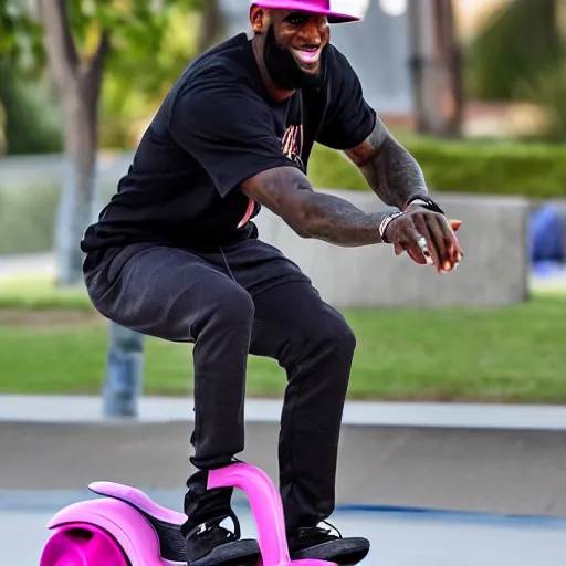 Image similar to paparazzi photo of Lebron James on a pink scooter in a skatepark, ultra high definition, professional photography, dynamic shot, smiling