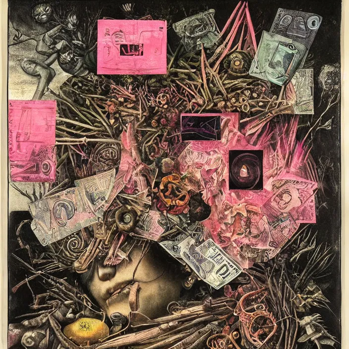 Image similar to post - punk new age album cover, asymmetrical design, dollar bank notes, capitalism, magic, apocalypse, psychedelic, black white pink, highly detailed, magic, giger h. r., giuseppe arcimboldo