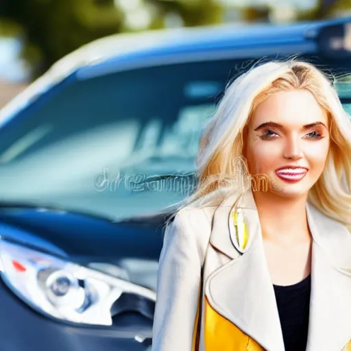 Image similar to petrol station expensive fuel blonde woman nice car cartoon style sunny weather close up shot surprised expression decent clothes