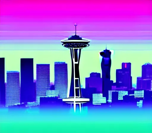 Image similar to a beautiful and immaculate balanced vaporwave ombre scene depicting outrun style seattle and the space needle