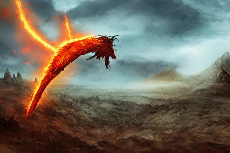 Image similar to Mythical Sword of Fire Flying through a Desolate Battlefield, digital art, fantasy, magic, celshaded, professional illustration, arcane, ultra detailed