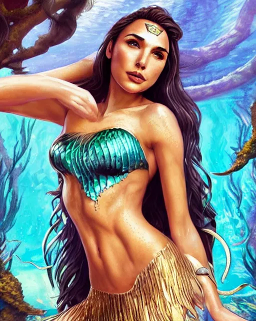 Prompt: Gal Gadot as a mermaid with a piercing gaze wearing a shell bikini in an underwater magical forest, highly detailed face, realistic face, beautiful detailed eyes, fantasy art, in the style of artgerm, illustration, epic, fantasy, intricate, hyper detailed, artstation, concept art, smooth, sharp focus, ray tracing, vibrant, photorealistic