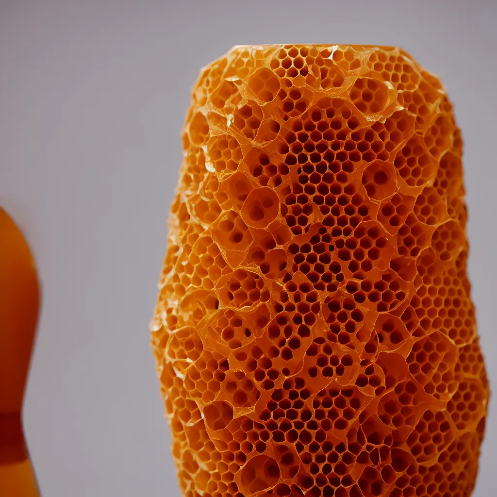 Image similar to real honeycomb vase with honey traditional shape design by tomas gabzdil libertiny, product design, film still from the movie directed by denis villeneuve with art direction by zdzisław beksinski, telephoto lens, shallow depth of field