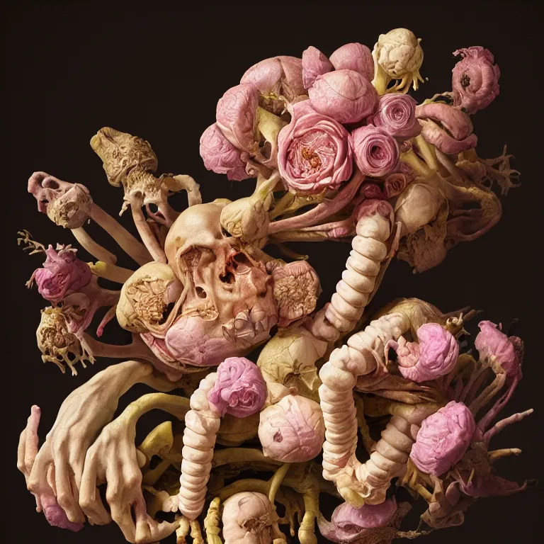 Prompt: still life of rotten flesh, beautiful pastel flowers, human spine, colorful mold, baroque painting, beautiful detailed intricate insanely detailed octane render, 8K artistic photography, photorealistic, chiaroscuro, Raphael, Caravaggio