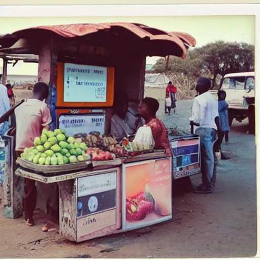 Image similar to old polaroids of futuristic african bus stops with informal sellers and digital screens, women selling fruit