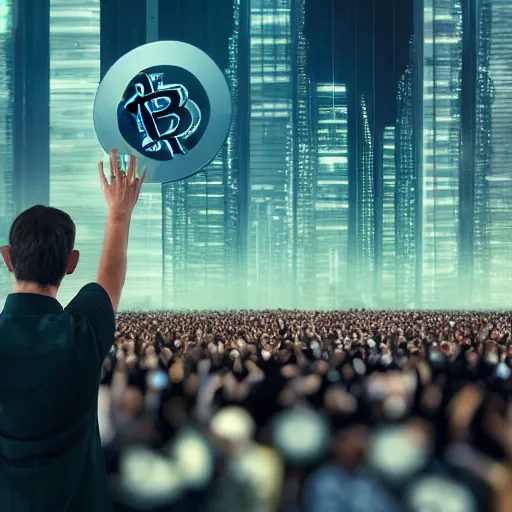 Prompt: highly detailed beautiful futuristic world, man waving goodbye to crowd full of people, ((cryptocurrency in background))