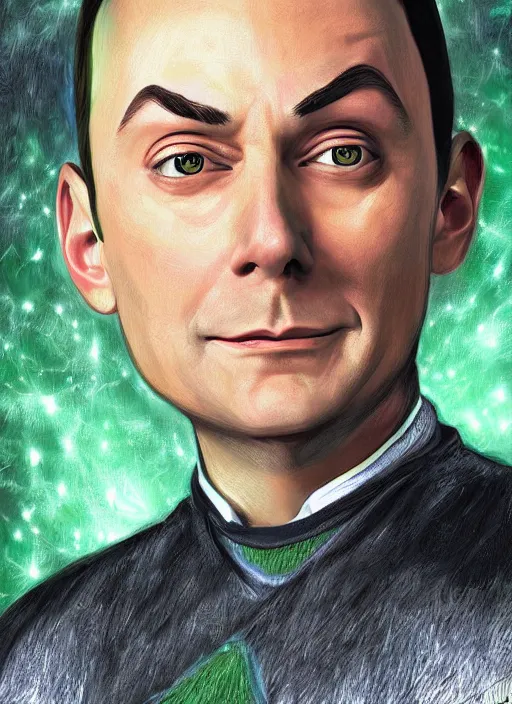 Image similar to digital _ painting _ of _ sheldon from big bang theory saying bazinga _ by _ filipe _ pagliuso _ and _ justin _ gerard _ symmetric _ fantasy _ highly _ detailed _ realistic _ intricate _ port