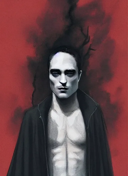 Image similar to well - shaven robert pattinson, black outfit, cape, in the style of tom bagshaw, sandman, misty endless dream cinematic background, netflix sandman