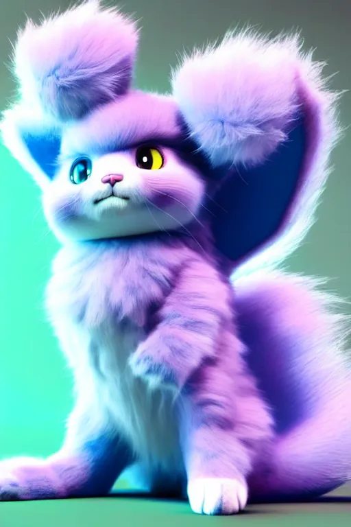 Image similar to high quality 3 d render hyperrealist very cute multipastel fluffy! chimera! cat hybrid with detailed fluffy wings!!, vray smooth, in the style of detective pikachu, hannah yata charlie immer, dramatic blue light, low angle, uhd 8 k, sharp focus