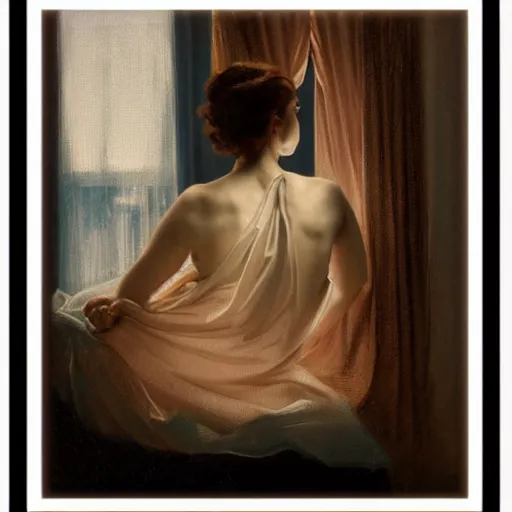 Image similar to silhouette of a woman gazing out her hotel window at the rain, extremely detailed masterpiece, oil on canvas, low-key neon lighting, verism style, artstation, by J. C. Leyendecker and Peter Paul Rubens,