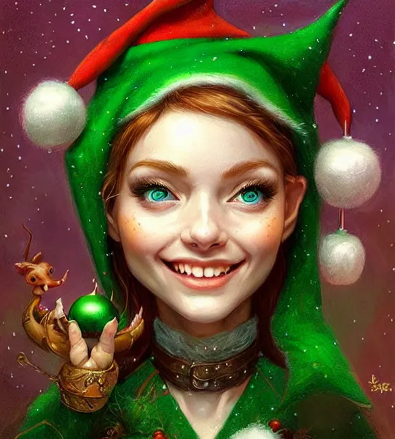 Prompt: cute elf smiling in santa's workshop, perfect face, symmetrical eyes, green clothes, auburn hair, cinematic, blush, stunning, elegant, highly detailed, psychedelic, digital painting, artstation, smooth, hard focus, illustration, art by jessica rossier and and brian froud