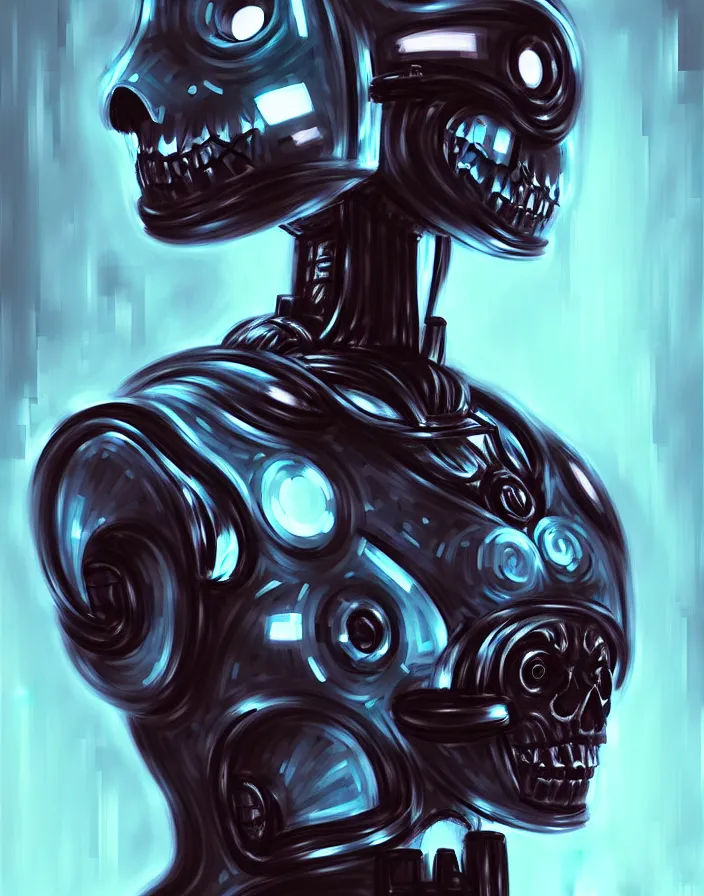 Image similar to skull - headed robot cyborg painting, illutstration, concept art, cyberpunk, futurism, comics art, artgerm, full body shot, wide angle