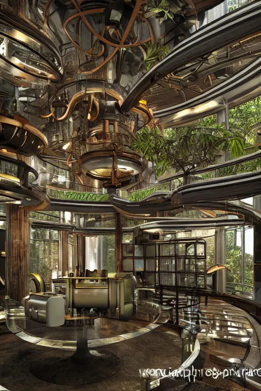 Image similar to a futuristic steampunk science office, inside a building built in the middle of a lush tropical rainforest, steampunk furniture and computers, lush forest outside of the window, cinematic back lit lighting, realistic, detailed, canon 50mm lens,