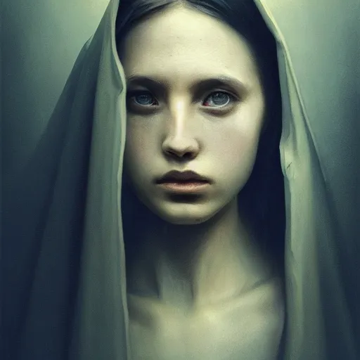 Image similar to a portrait of a young woman wearing a long dark cloak, hood and shadows covering face, anatomically correct, beautiful perfect face, enigmatic, oil painting, matte painting, black background, Volumetric Golden dappled dynamic lighting, Highly Detailed, Cinematic Lighting, Unreal Engine, 8k, HD, by Beksinski