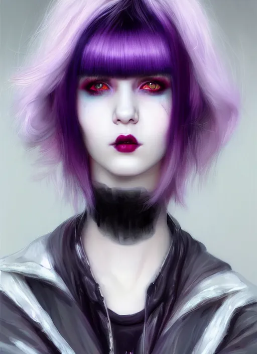 Image similar to portrait of white teenage girl, normal face, white bangs, mall goth, cyberlox, black and white hair, bangs, fluffy bangs, red contact lenses, purple lipstick, intricate, elegant, highly detailed, digital painting, artstation, concept art, sharp focus, smooth, illustration, art by wlop, mars ravelo and greg rutkowski