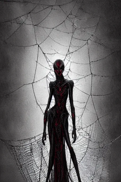 Image similar to full-body portrait of beautiful female grey elf (beautiful, dark grey skin, red eyes, white hair, symmetrical face) wearing a low-cut dress made of spider webs, dark fantasy, D&D, digital art, highly detailed, award winning, concept art, intricate, smooth, sharp focus, art by Greg Rutkowski, art by Ruth Asawa, art by Tim Burton, art by Ted Nasmith, art by H.R. Giger