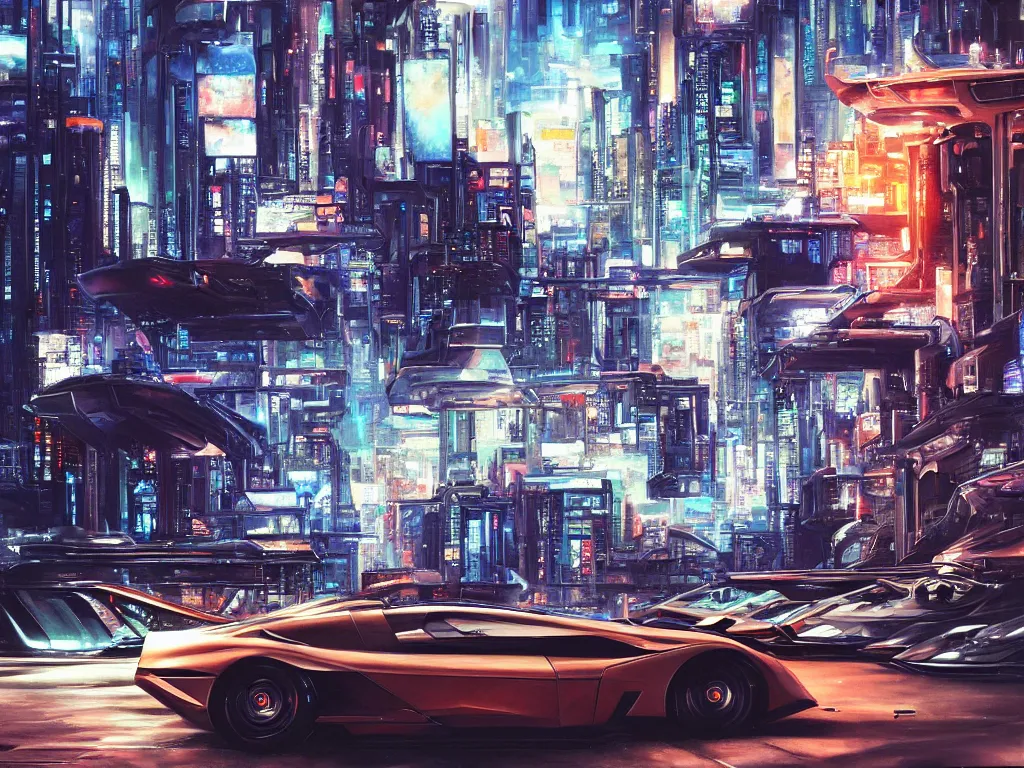 Prompt: hyperrealistic painting of a slice of life from a futuristic city, mechanical designs, futuristic cars, night, technological, cinematic, futuristic car, sharp focus, cyberpunk style, highly detailed, realism, acrylic on canvas, 8 k resolution, concept art, by noriyoshi ohrai, john berkey