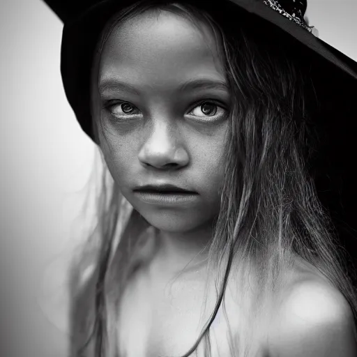 Prompt: stunning portrait photography of young beautiful witch princess from national geographic award winning, dramatic lighting, taken with canon 5d mk4, sigma art lens, monochrome
