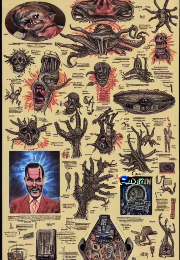 Image similar to subgenius, x - day, aliens, weird stuff, occult stuff, devil stuff, medical diagram, colorful, vintage, stained paper, hyperrealism, stage lighting