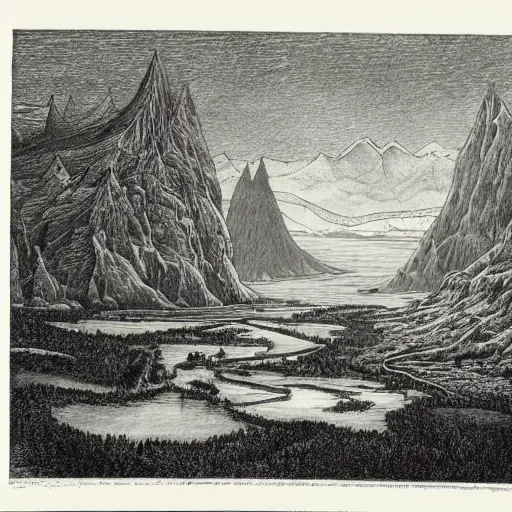 Prompt: impressive fantasy landscape, pure b & w, etching illustration, masterpiece