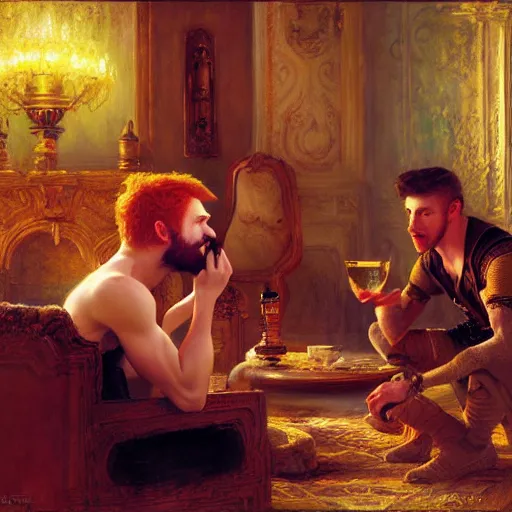 Prompt: attractive male mike with ginger hair with attractive male tyler with brunet hair, drinking their hearts out, in their noble mansion. highly defined painting, highly detailed painting by gaston bussiere, craig mullins 8 k