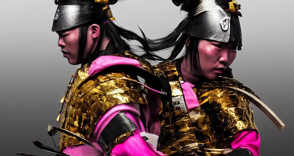 Prompt: a beautiful photo of a samurai warrior in a dynamic pose, black and pink and gold colors, high detail, glimmering samurai sword in 3d perspective deep rich colors, iridescent radiance, epic scale ultrawide angle, stunning, epic, great migration, cinematic, Artstation trending, octane render, hyperrealistic, Cryengine 8k UHD