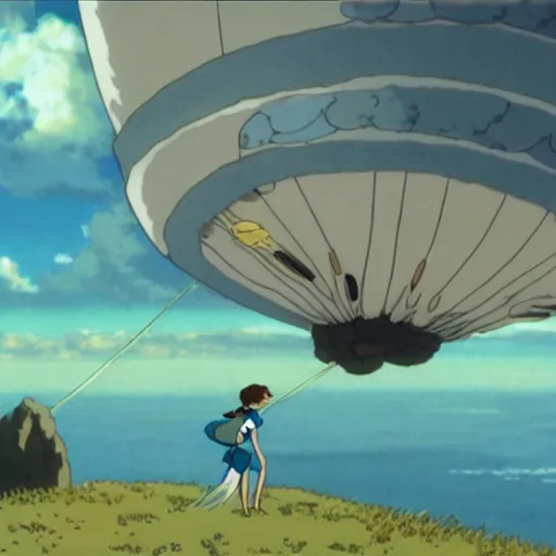 Image similar to A girl ride a glider over the clowds in Nausicaa of the Valley of the Wind, Miyazaki Hayao, ghibli style