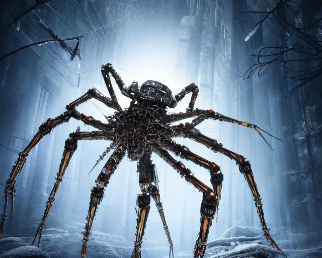 Prompt: photo of a giant huge white crystal terminator spider with heavy duty biomechanical hydraulic cybernetic body with antennas and visor cogs and gears and components in the forest. cyberpunk horror style. highly detailed 8 k. intricate. nikon d 8 5 0 5 5 mm. award winning photography.