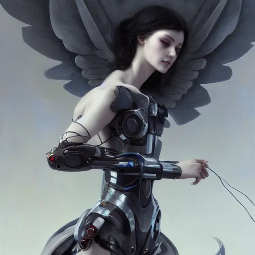 Prompt: Beautiful pale goth cyborg girl with mechanical wings and many wires, masterpiece 4k digital illustration by Ruan Jia and Mandy Jurgens and Artgerm and william-adolphe bouguereau, highly detailed, trending on artstation, award winning,