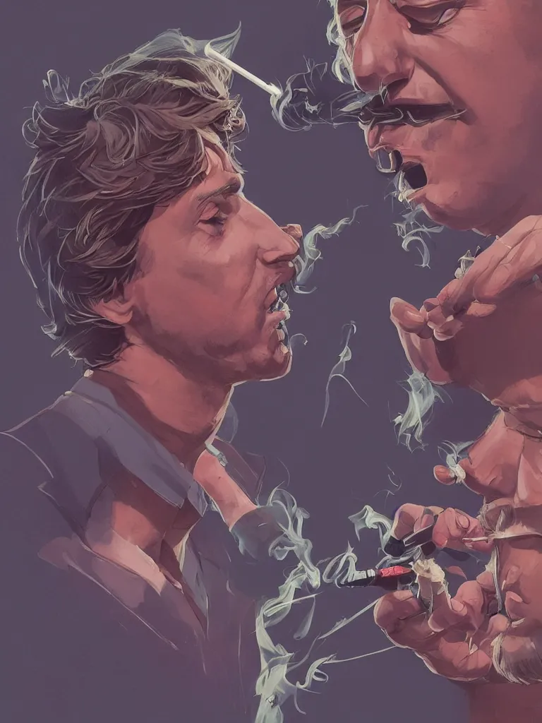 Image similar to duotone concept illustration portrait of justin trudeau smoking cannabis, cannabis!, cinematic volumentric lighting, jim cheung, david marquez, mike deodato jr, ilya kuvshinov, makoto shinka, behance hd by jesper ejsing, by rhads, hyper detailed, octane render, concept art, artstation