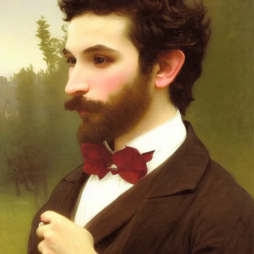 Image similar to detailed portrait painting of gentleman elf wearing brown tuxedo by William-Adolphe Bouguereau