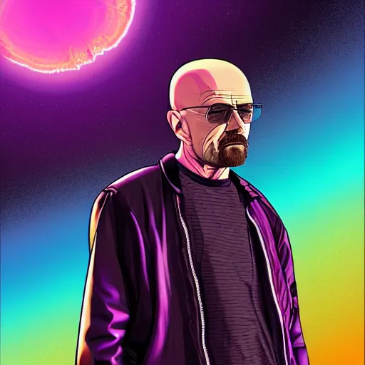Prompt: walter white riding jesse pinkman, and a purple coloured leather jacket, one side haircut, long brown hair with light blue ends, portrait, hyperdetailed, artstation, cgsociety, synthwave by tangerine dream, by jean - michel jarre, by vangelis, by john carpenter