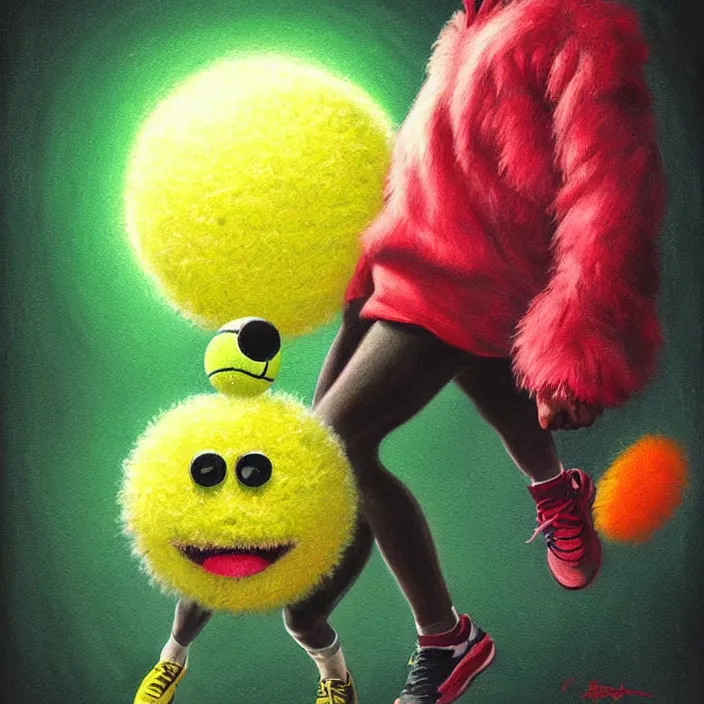Prompt: cinematic portrait of a cute tennis ball monster stopped in time, chalk, masterpiece, trending on artstation, featured on pixiv, cinematic composition, dramatic pose, beautiful lighting, sharp details, hyper - detailed, hd, hdr, 4 k, 8 k, art by basil gogos