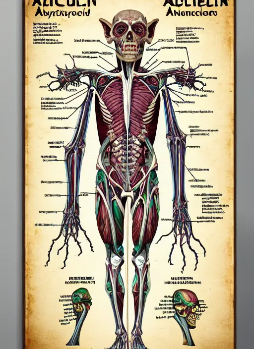 Image similar to academic anatomical diagram poster of a cryptid goblin