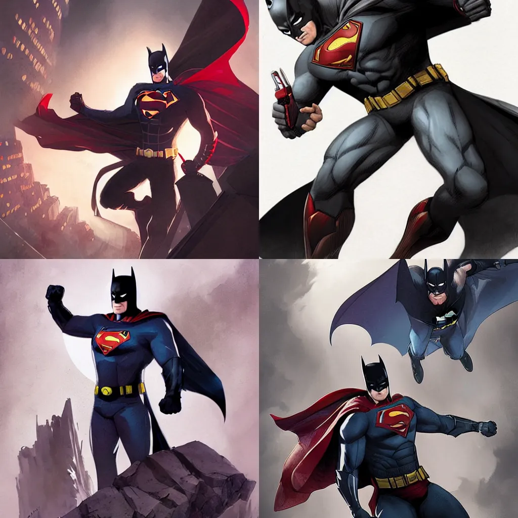 Prompt: if batman and superman had a child,by rossdraws and greg rutkowski,detailed