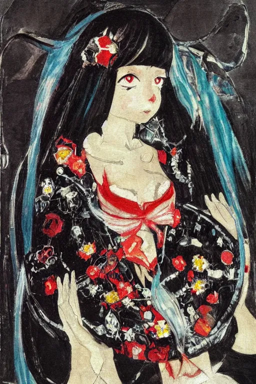 Image similar to A very soft and dark haunting oil painting of Hatsune Miku in a black ornate wedding dress, scarlet background, by Oskar Kokoschka, ethereal, evil presence, haunted painting