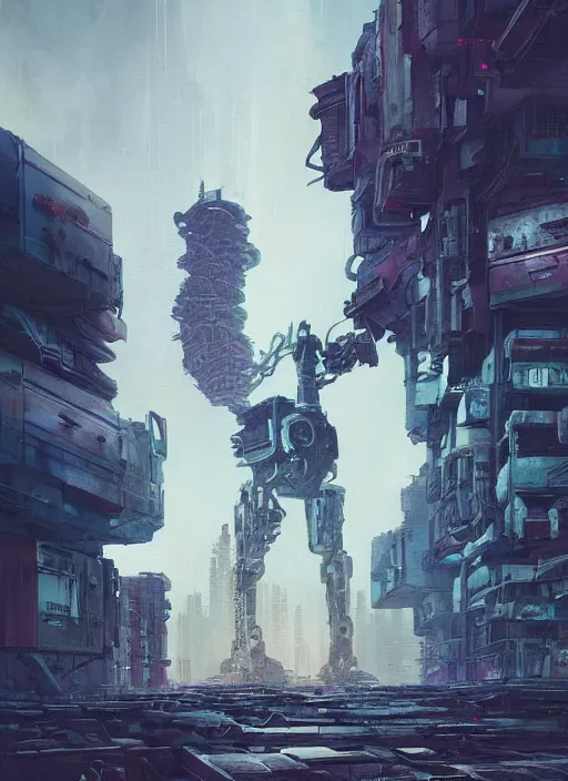 Image similar to a painting of a giant robot standing in front of a post apocalyptic city ruins, cyberpunk art by beeple, artstation hd, nuclear art, dystopian art, apocalypse art, sci - fi