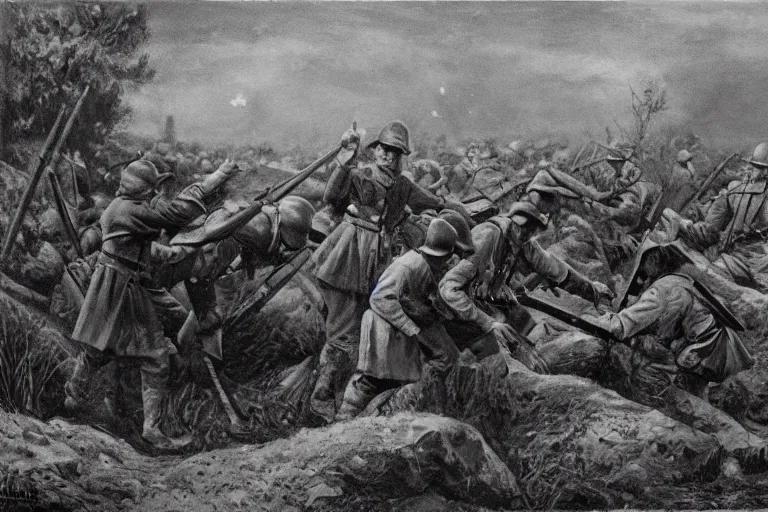 Image similar to american civil war trench battle in the style of jules breton