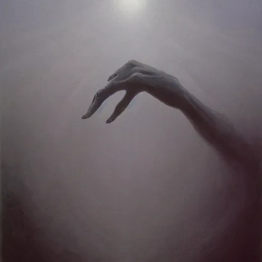 Image similar to hand and arm reaching out of thick fog, zdzislaw beksinski