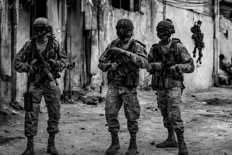 Image similar to Mercenary Special Forces soldiers in grey uniforms with black armored vest and black helmets in urban warfare in Cambodia 2022, Canon EOS R3, f/1.4, ISO 200, 1/160s, 8K, RAW, unedited, symmetrical balance, in-frame, combat photography