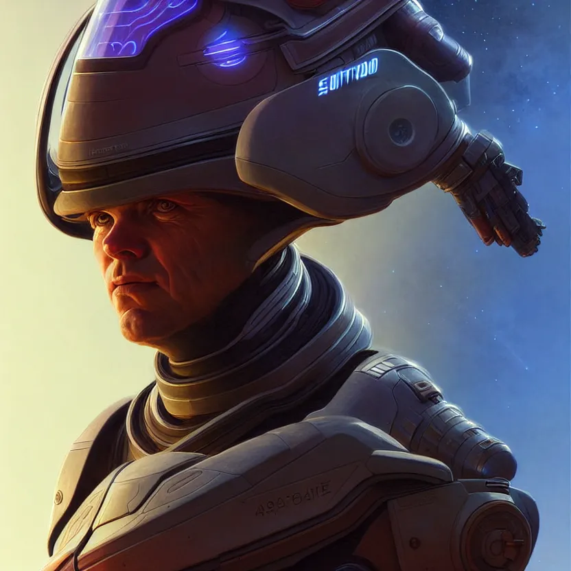 Image similar to portrait of a starship captain with a helmet as an apex legends character digital illustration portrait design by, wayne barlowe detailed, gorgeous lighting, wide angle action dynamic portrait