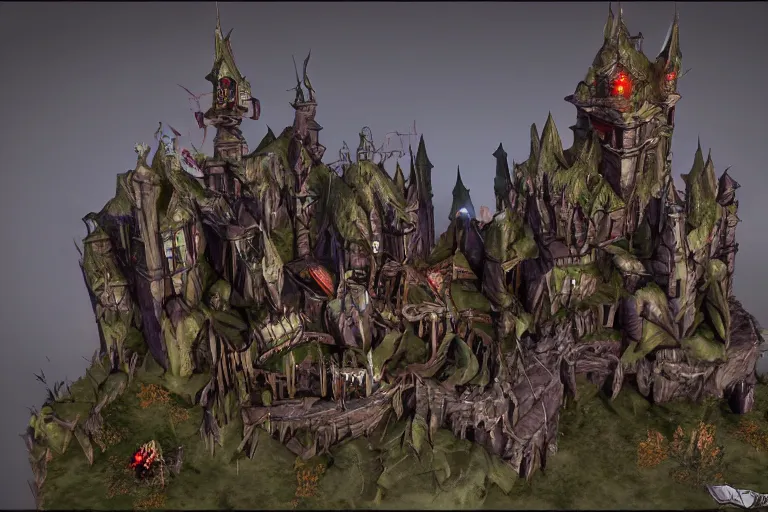 Image similar to big evil fairy castle - city rock dark shadow elves, might and magic heroes 7, dark fantasy, shadows, artstation trending, unreal engine 5, red