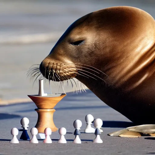 Image similar to photo of a sea lion playing chess with a stand fan, award-winning photograph, national geographic, 8k
