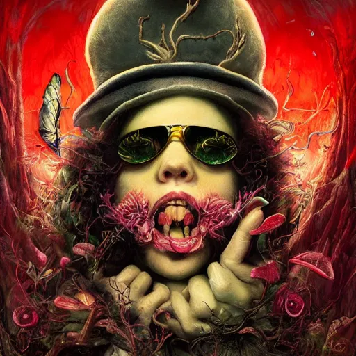 Prompt: Beautiful Fear and Loathing in Wonderland fantasy art by Seb McKinnon and Nekro and Artgerm, unstirred paint, vivid color, cgsociety 4K