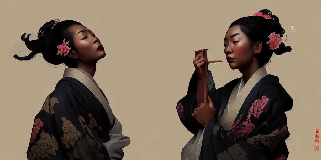 Image similar to sevhat, extremely detailed digital painting of a black woman wearing a kimono, in the style of fenghua zhong and ruan jia and jeremy lipking and peter mohrbacher, mystical colors, rim light, beautiful lighting, 8 k, stunning scene, raytracing, octane, trending on artstation