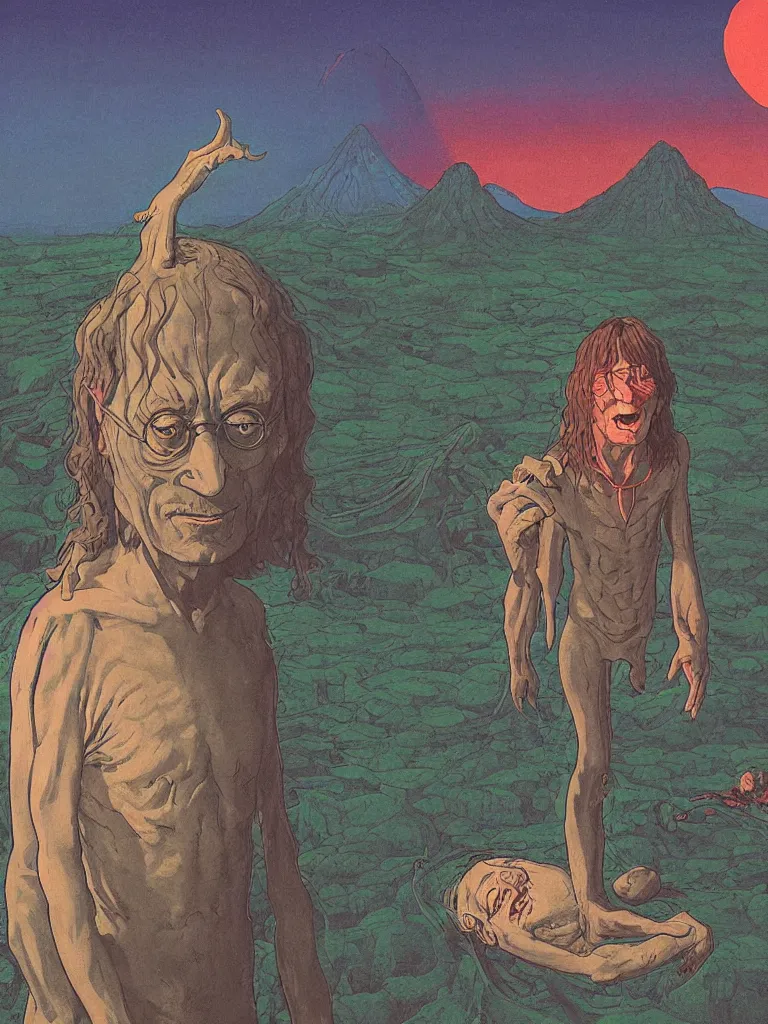 Image similar to an image of john lennon as gollum from the lord of the rings, taking mind altering drugs, a blotter paper of lsd acid and dreaming psychedelic hallucinations in the vast mordor landscape, by kawase hasui, moebius, edward hopper, colorful flat surreal design, dramatic lighting, hd, 8 k, artstation