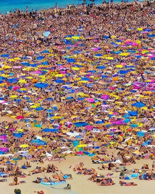 Prompt: thousands of hippie sunbathers on a beach, together form a peace symbol, photorealistic