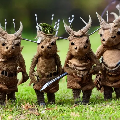 Prompt: a band of little horned creatures with weapons and nets and traps looking menacingly