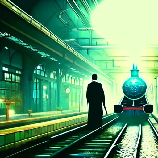 Image similar to :: Train to Hogwarts :: cyberpunk style :: Makoto Shinkai cyberpunk style :: Cinematography by Zack Snyder ::8k resolution :: cinematic shot :: epic :: awe :: masterpiece